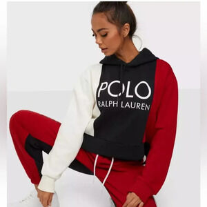 Polo Ralph Lauren Womens Color Block Logo Hoodie Black/ Multi Pullover Size M
